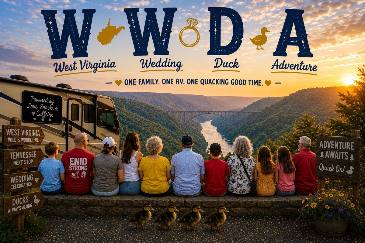 A playful West Virginia, wedding and duck adventure graphic showing
the family's RV trip with four
ducklings.